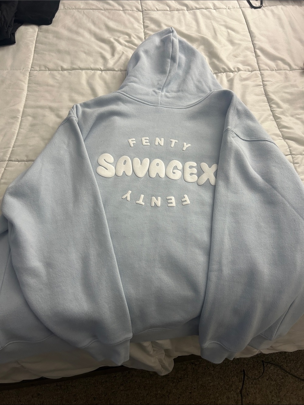 Fenty Beauty Pale Blue Crewneck Hoodie with Raised White 'SAVAGEX' Logo